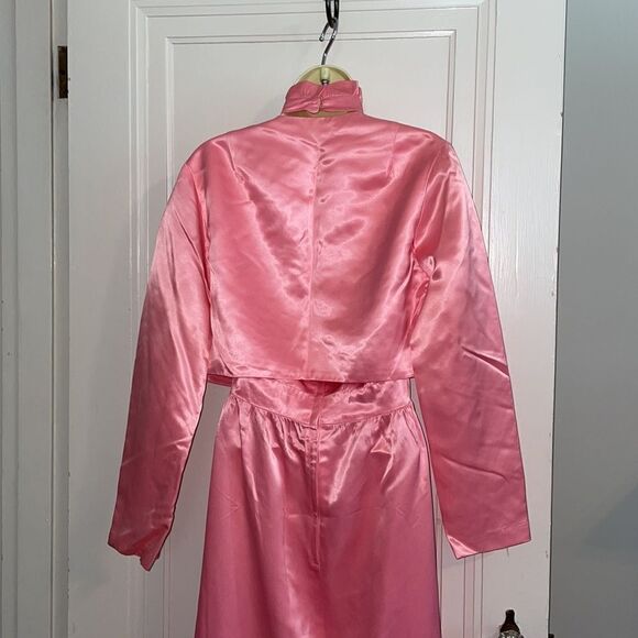 Vtg 70s pink satin halter ruffle neck party/prom dress with matching jacket - Picture 7 of 7